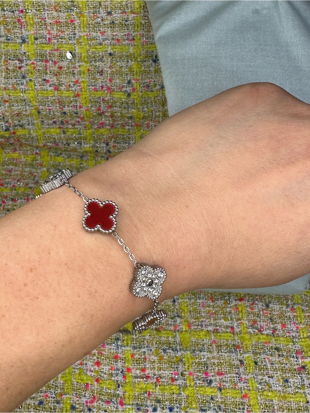 Ladies Silver Bracelet with Red Clover Charm